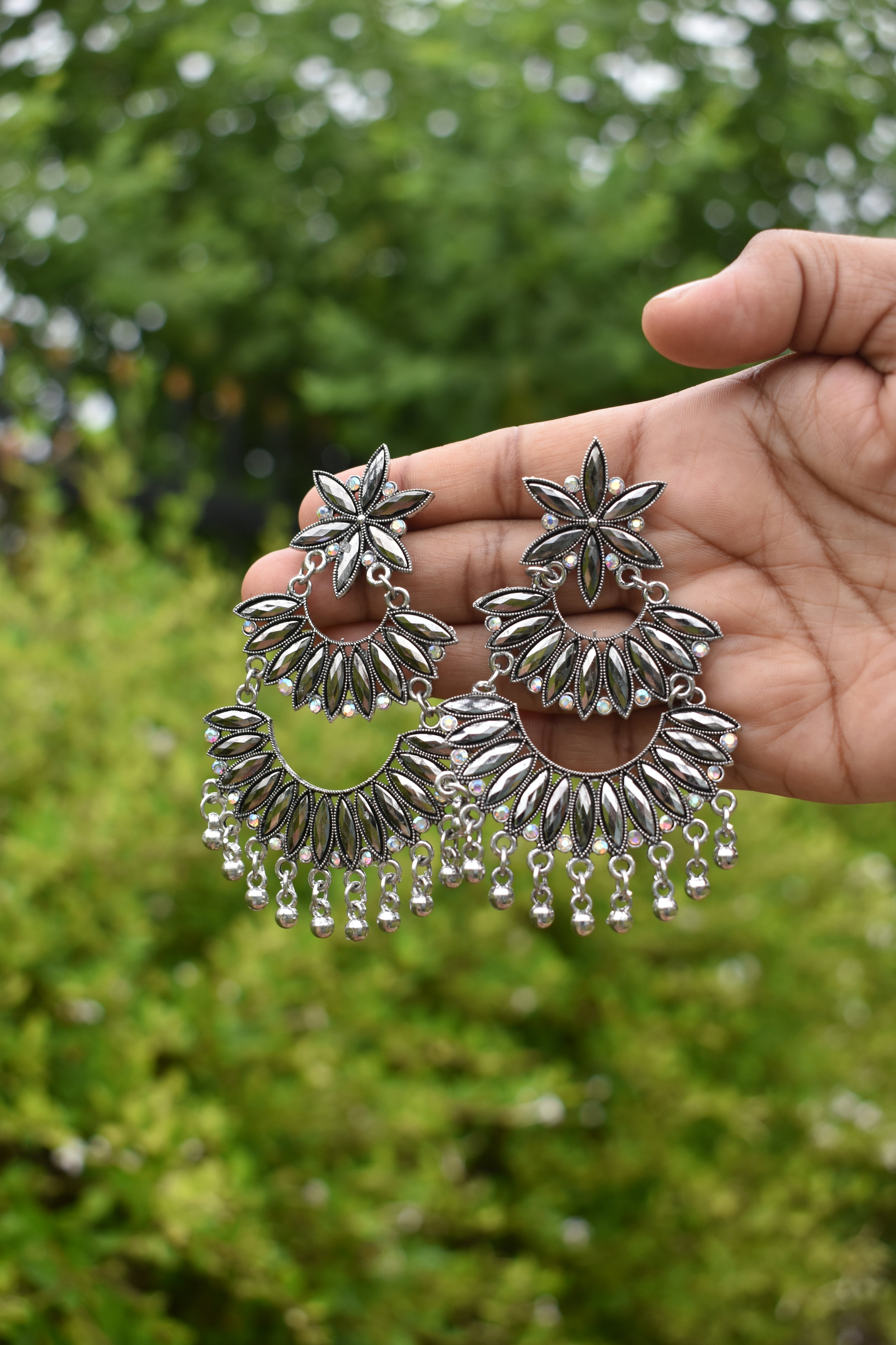 Silver Oxidized Floral Chandbali Jhumka