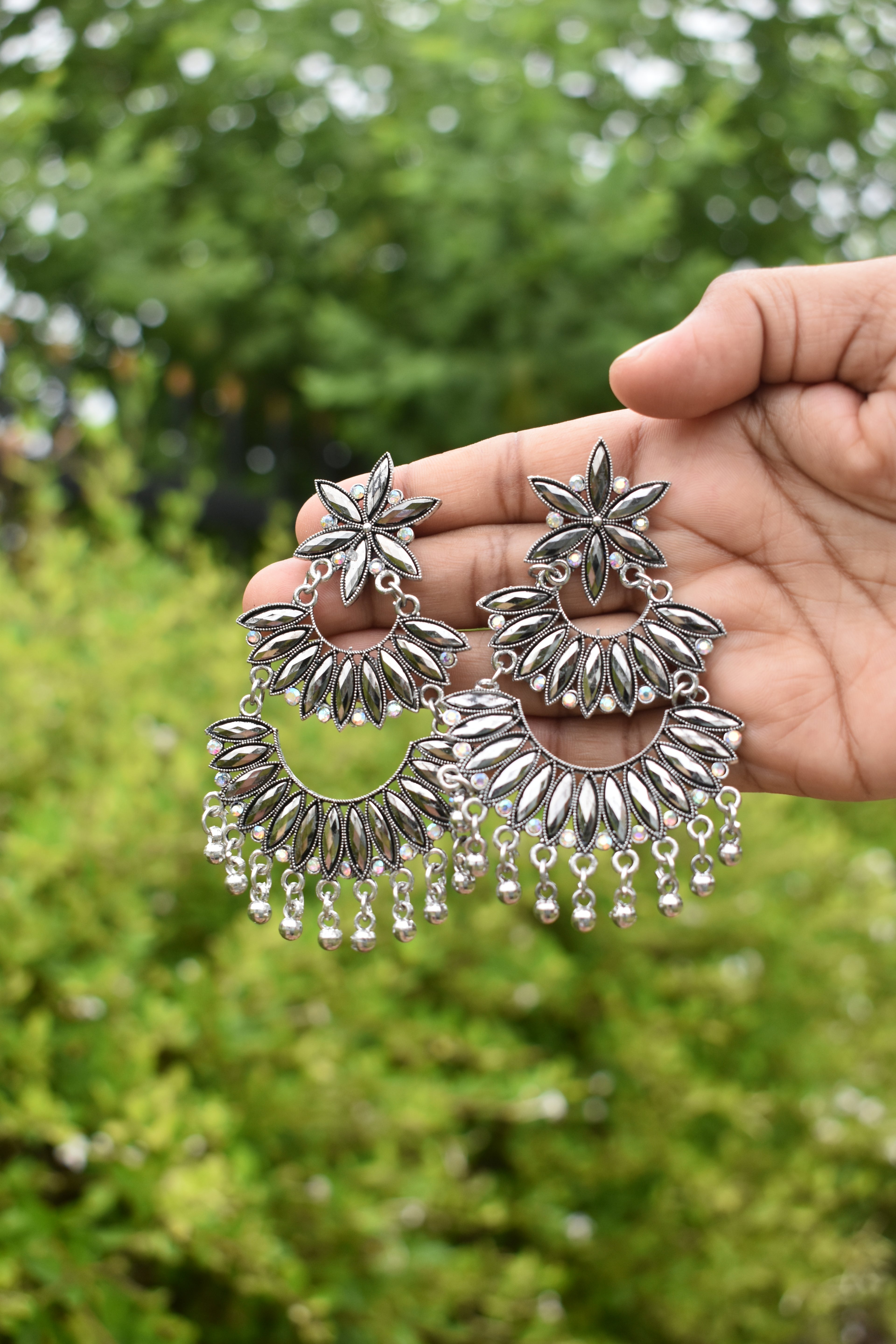 Silver Oxidized Floral Chandbali Jhumka