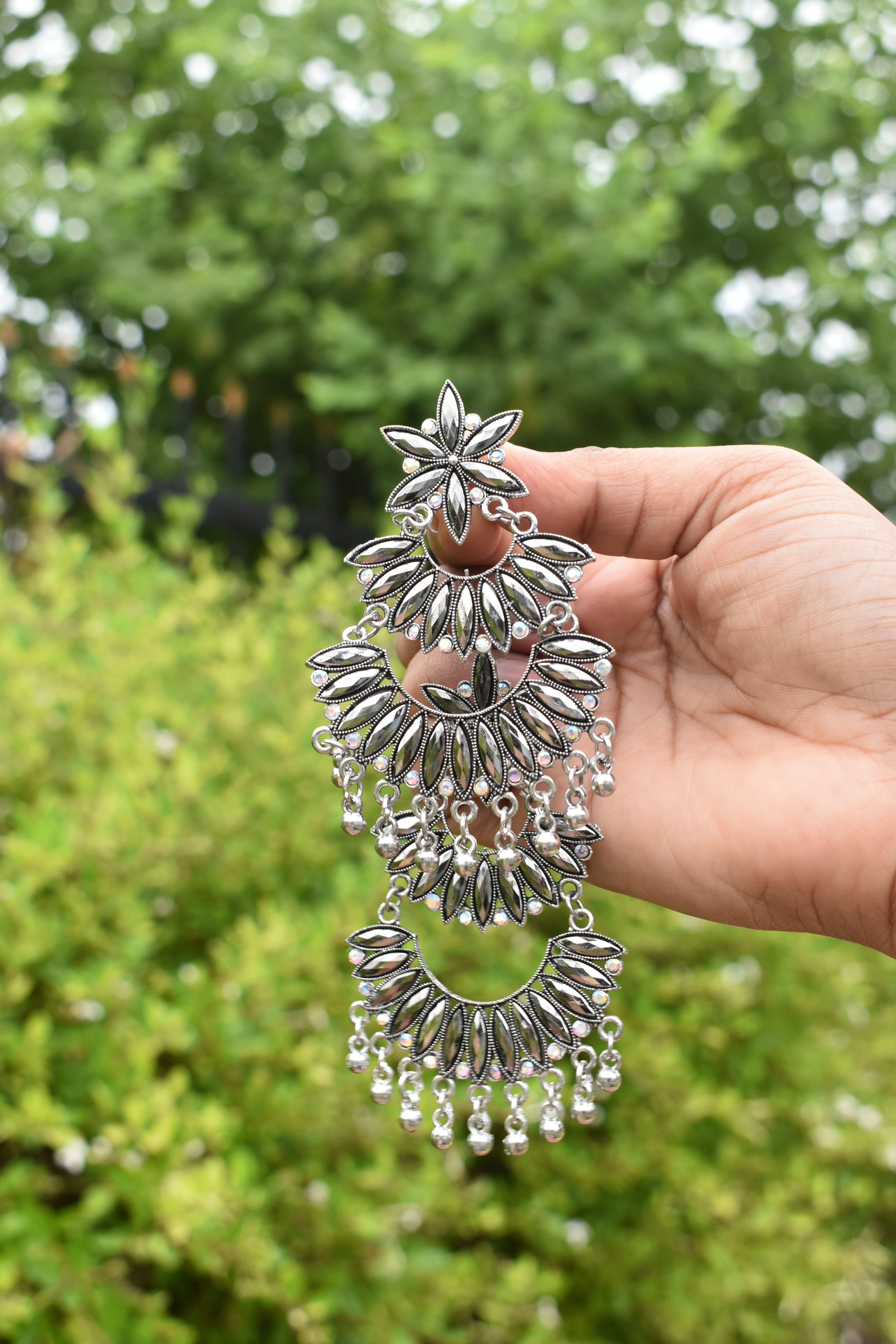 Silver Oxidized Floral Chandbali Jhumka