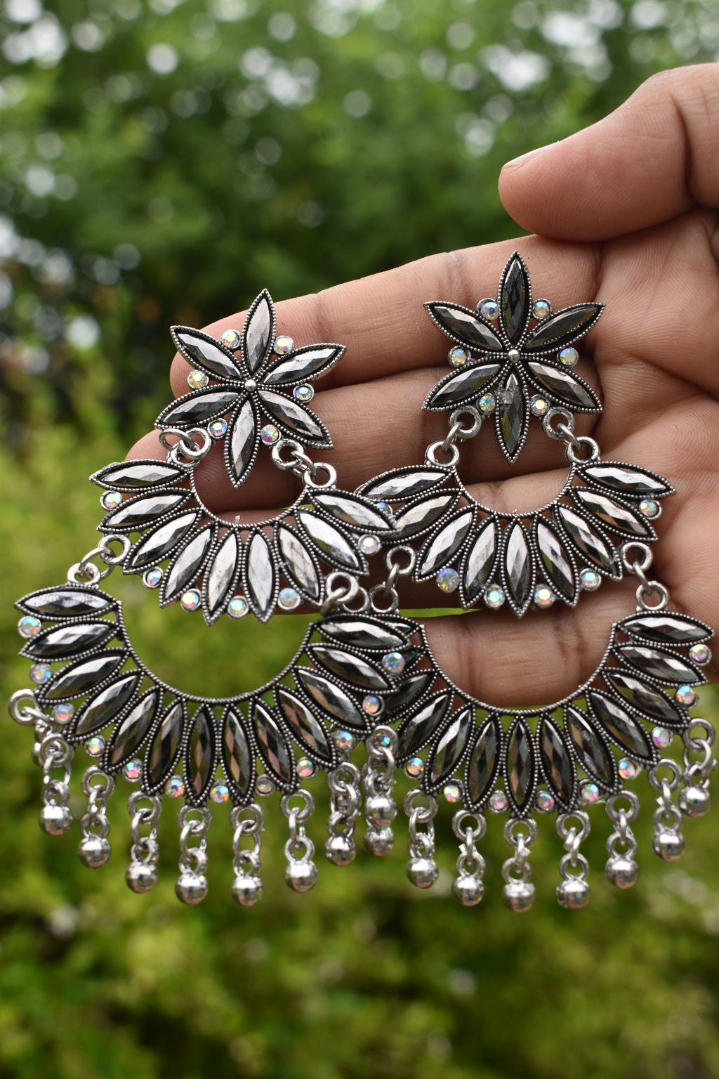 Silver Oxidized Floral Chandbali Jhumka