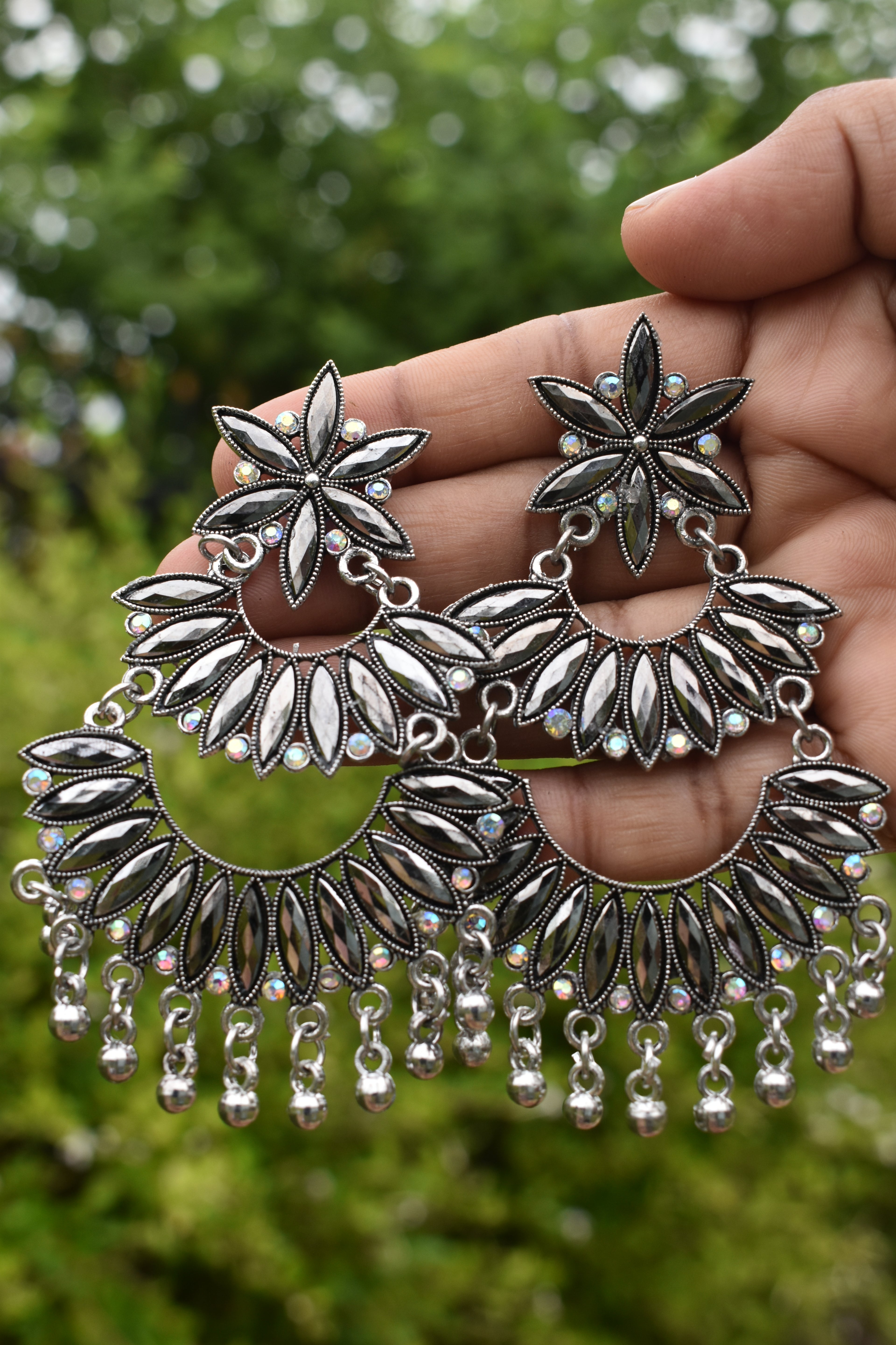 Silver Oxidized Floral Chandbali Jhumka