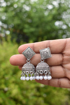 Oxidized Silver Jhumka Earrings with White Beads